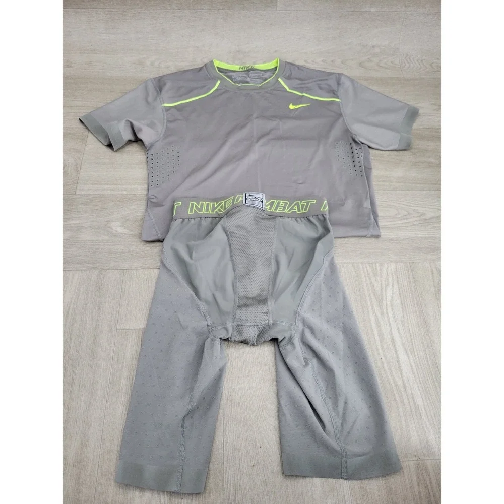 Nike Pro Combat Dri-FIT Compression Set Crew Neck L Shorts M‎ Gray Neon Green